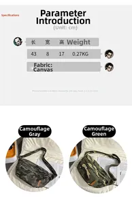 Size chart and technical specifications for the large capacity camouflage canvas chest bag