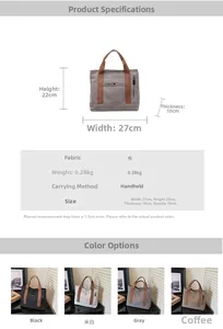 Canvas tote bag details showing precise dimensions and four stylish color variations