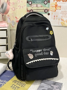 Preppy Color Block Nylon School Backpack For Teenage Girls Large Capacity Cartoon Print Cute Student Bag With Pendant