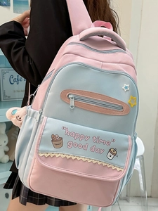 Pastel pink and blue school backpack with cute cartoon prints and plush pendant