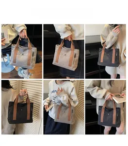 Detail showing multi-angle views of a canvas tote bag with contrast webbing handles