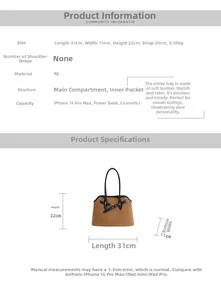 Detailed size chart for the brown PU leather tote bag with product dimensions and capacity
