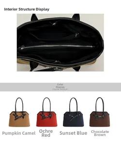 Detail view of interior zip pockets and four color options for the woven handbag