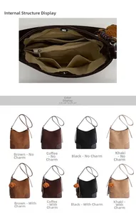Détail du grand sac à bandoulière en daim vintage montrant les poches et les options de couleurs