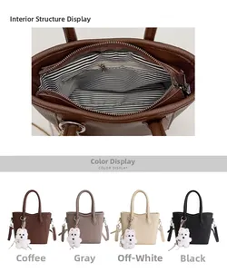 Detail view of interior striped lining, zip pocket, and color options for bucket bag