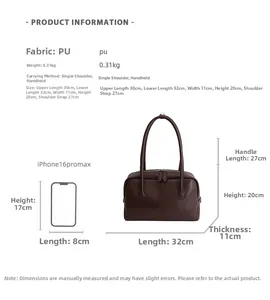 Infographic showing dark brown Boston bag dimensions with iPhone 16 Pro Max comparison