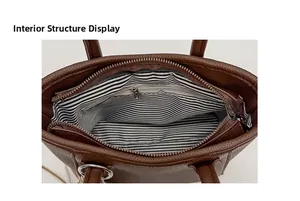 Interior view of brown litchi leather bucket bag showing striped lining and zipper pocket