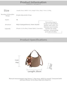 Size guide for retro PU leather bucket bag showing 20cm length and adjustable strap details