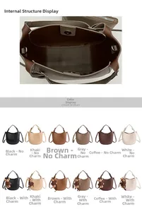 Detail of minimalist bucket bag internal structure and color display of six grain leather shades