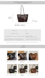 Size chart and color comparison of large capacity tote bag with bear charm and PU leather