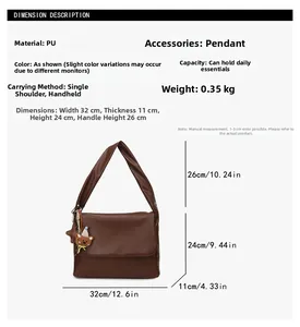 Detailed size chart for brown oil wax leather tote bag with a cute bear keychain