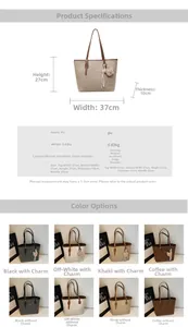 Detailed dimension chart and color guide for a spacious PU leather commuter tote bag