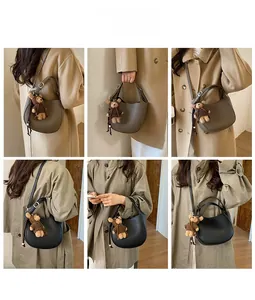 Litchi pattern PU leather bucket bags in grey and black with cute bear charms