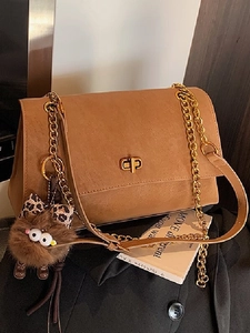 Women Vintage PU Leather Shoulder Bag Chain Strap Satchel Messenger Bag Minimalist Lock Closure With Plush Monster Pendant