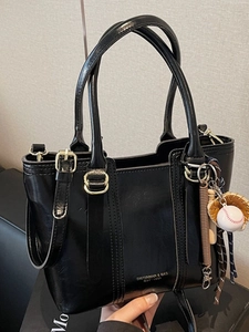 Vintage Women PU Leather Bucket Bag Glossy Tote Handbag With Baseball Charm Crossbody Shoulder Daily Versatile Casual Bag