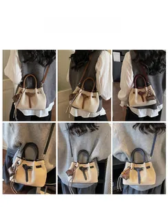 Collage of chic bucket bags showing crossbody and handheld styles on models