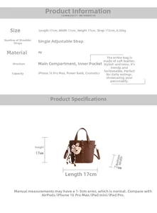 Detail view of brown pebbled leather bucket bag dimensions and bear charm accessory