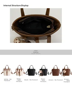 Detail view of the spacious inner zipper compartment and various color options for the bucket bag