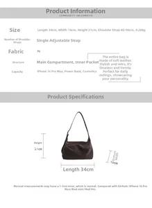 Detailed dimensions of dark brown PU leather tote bag showing size and strap length