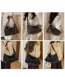 Collage showing oversized suede hobo bags in dark coffee and black for different styling