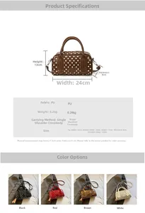 Detailed chart showing polka dot pillow bag dimensions 24x13x8cm and four color options