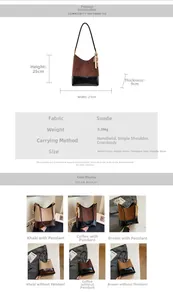 Detail view of suede bucket bag dimensions and multiple color options in khaki and brown