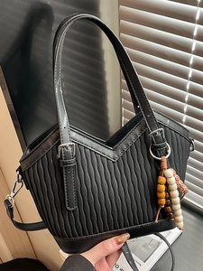 Vintage Plissierte PU-Leder Eimertasche Für Damen V-Ausschnitt Pendler Umhängetasche Mit Holzperlenanhänger Alltagstasche