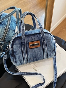 Vintage Denim Wash Boston Handbag With Faux Leather Trim Adjustable Shoulder Strap Retro Casual Street Style Tote For Women