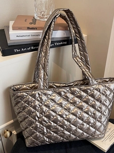 Women Rhombic Quilted Tote Bag Large Capacity Lightweight Padded Shoulder Bag Casual Fashion Commuting Handbag