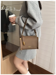 Detail of a brown lychee pattern crossbody bag with gold buckle and rivet accents