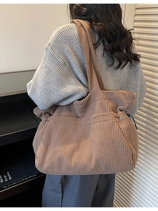 Brown corduroy tote bag with side drawstring and large capacity for women