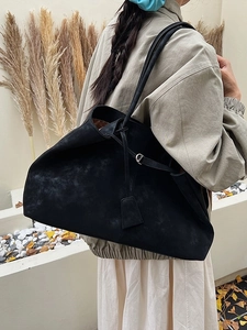 Large black suede tote bag for women, minimalist shoulder bag with fall nature background