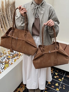 Retro oversized brown faux suede tote bag with drawstring closure and silver hardware