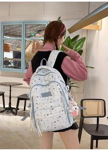 Detalle de mochila azul claro con patrones de estrellas y colgante de perro de peluche