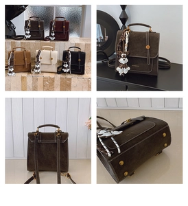 Multi-angle detail of suede backpacks in various colors with cute dog charms