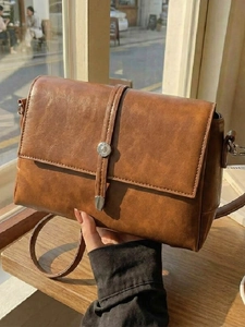 Women Vintage PU Leather Shoulder Bag Small Square Crossbody Bag With Flip Cover Circular Buckle Casual Messenger Bag