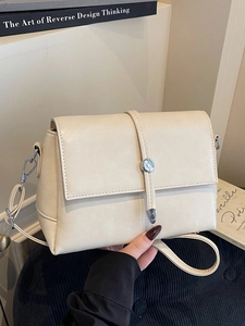 Chic beige crossbody bag with rectangular flap and circular metal hardware in hand