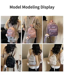 Collage of mini backpacks in five colors with cute cat charms shown in lifestyle settings