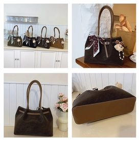 Collage of four views showing suede tote bags with teddy bear charm and ribbon decor