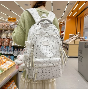 Detalle de la mochila blanca con estampados de osos y un pequeño colgante de perro fiel
