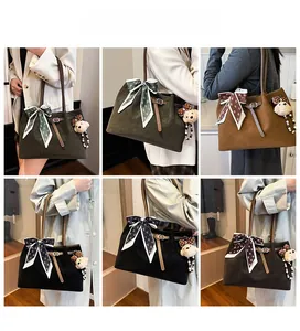 Collage of retro suede tote bags with silk scarves and bear charms in multiple colors