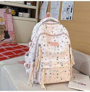 Primer plano de mochila rosa con patrones de estrellas y borla tejida en la cremallera