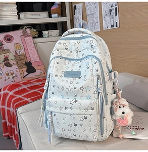 Detalle de la mochila azul claro con estampado de estrellas y dije de perro de peluche