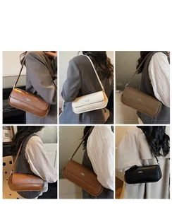 Collage of chic baguette bags in four colors showing shoulder carry styles and metal logos