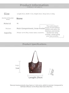 Size guide for large brown PU leather tote bag with measurements 29x11x25cm