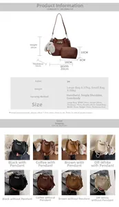 Detailed view of PU leather bucket bag with dimensions, inner pouch and bunny charm
