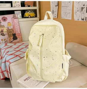 Detail of cream nylon backpack with silver star print and woven zipper puller