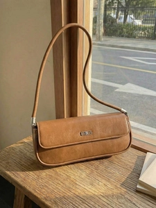 Women Minimalist PU Leather Baguette Bag Korean Style Underarm Shoulder Bag With Metal Logo Chic Commute Handbag For Ladies