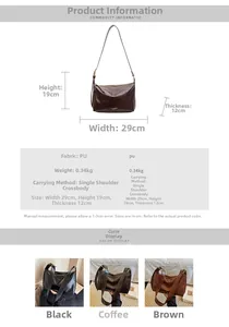 Detailed technical specification table showing PU tote bag dimensions and material details