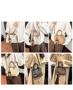 Collage of retro textured bucket bags in five colors with cute bear charms on models